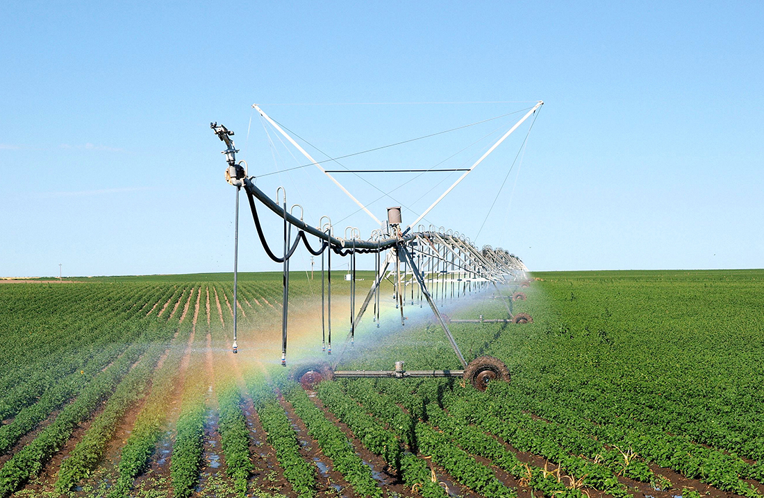 irrigation pivot creates a rainbow in a field.