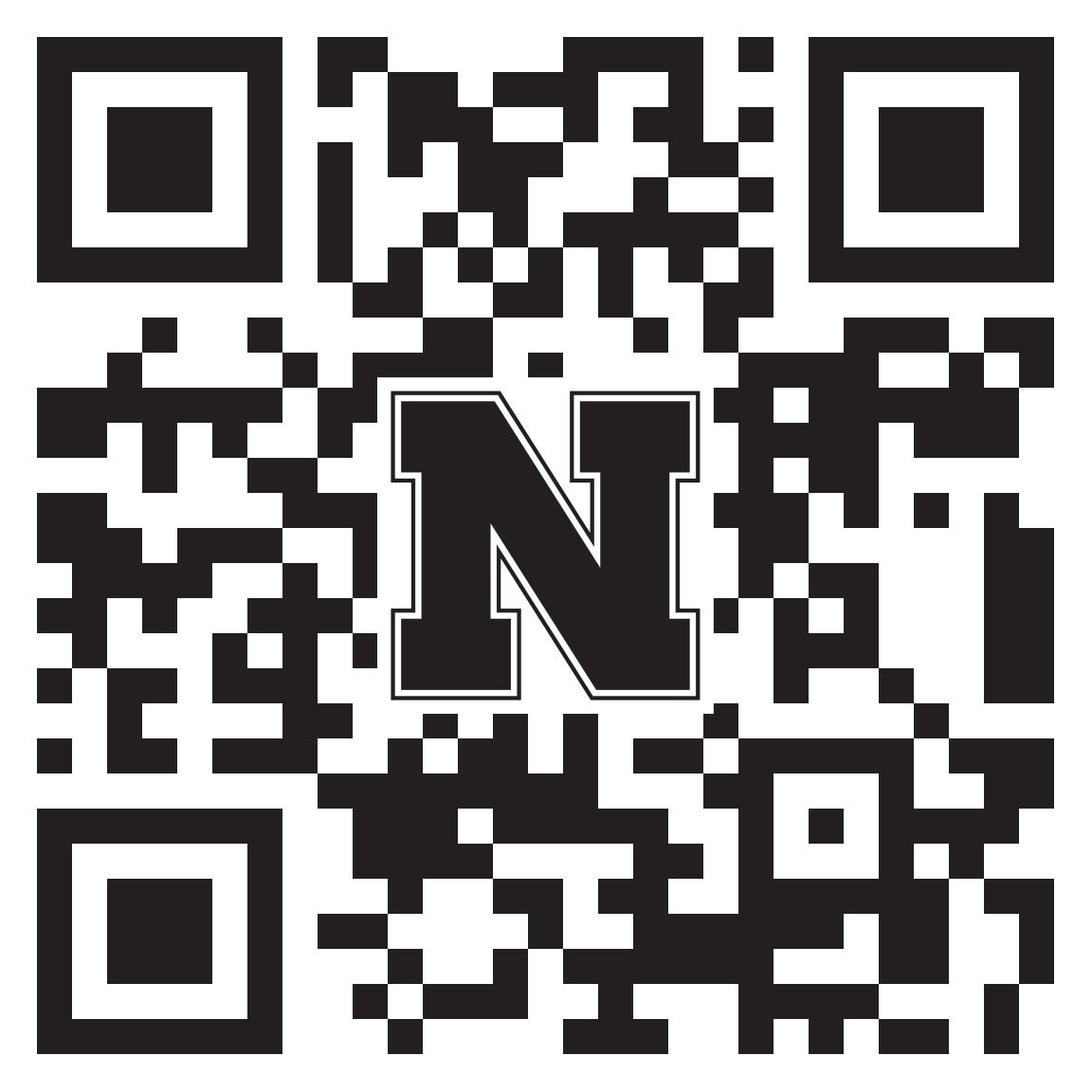 Black QR code with a bold letter "N" in the center.