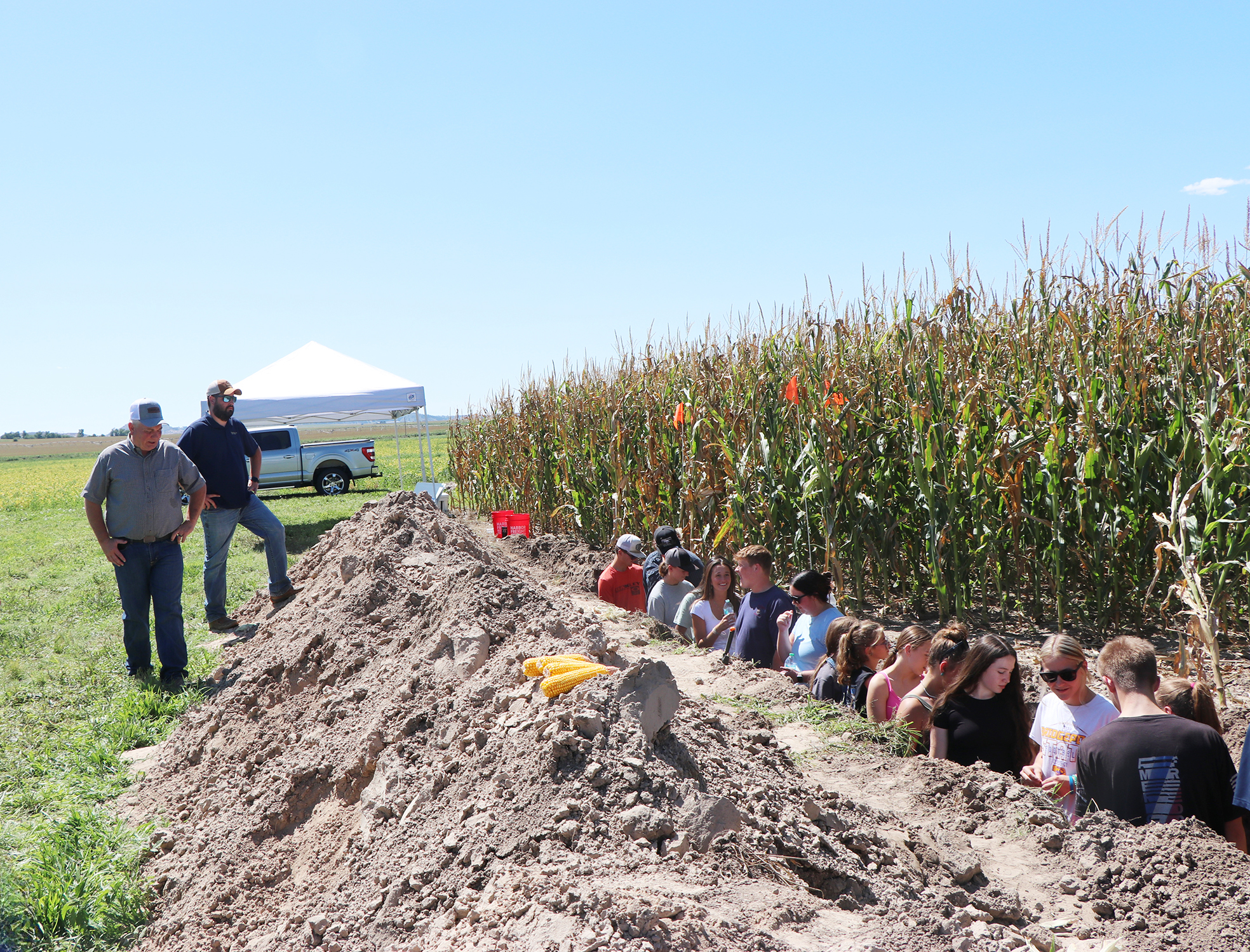 youth in trench look at corn roots in cornfield demonstration