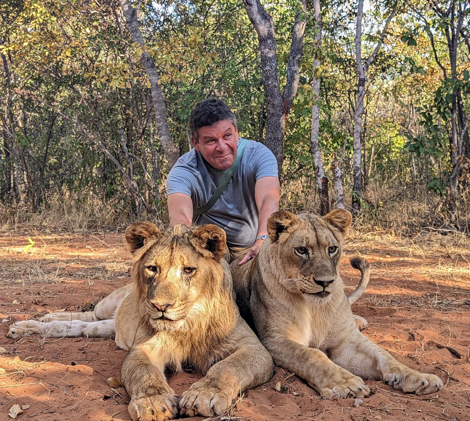 man with two lions