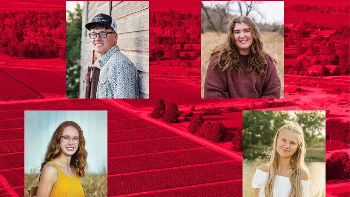 Four individuals in outdoor portraits over a red-tinted aerial view of farmland, each framed separately.