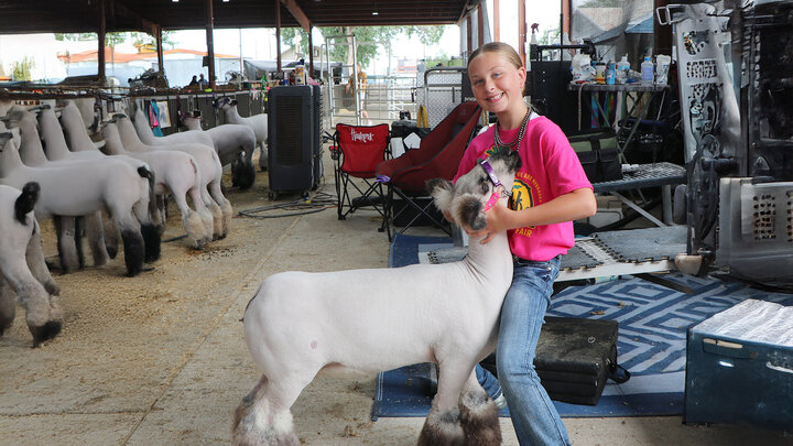 girls with sheep at fair