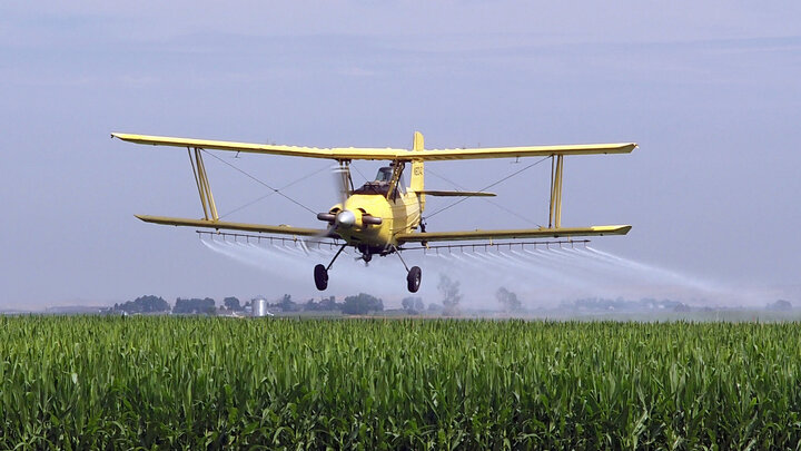 cropdusting plane flies over a field