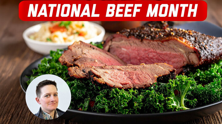 Sliced, grilled beef on greens, coleslaw in background, text “National Beef Month” on red banner.