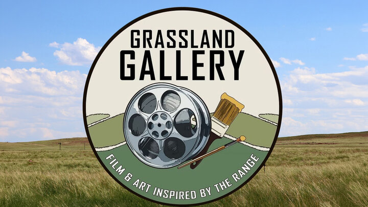 Grassland Gallery logo with film reel and paintbrush over a grassy landscape.