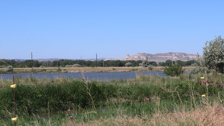 pond behind barb wire fence