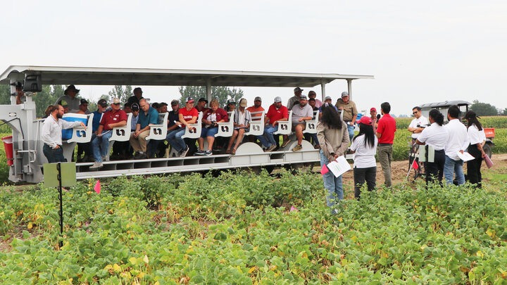 people in field talking with people on trailer