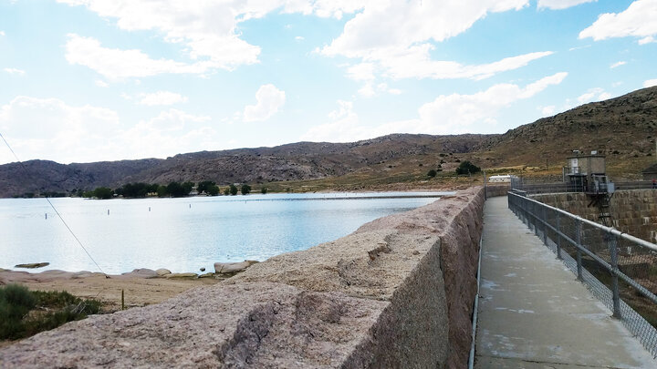 Pathfinder Reservior dam with walkway to right of it