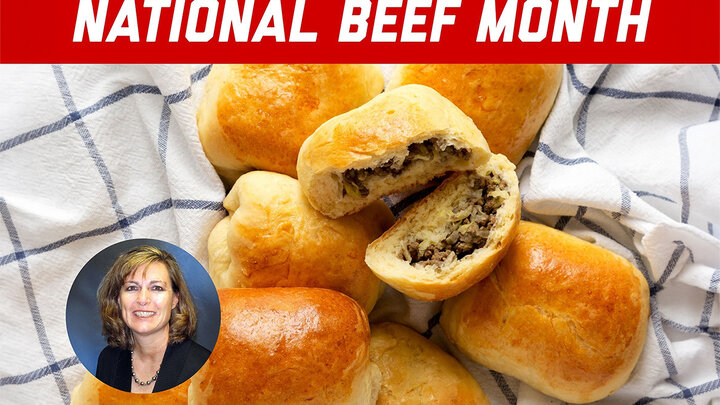 Golden beef buns on a checkered towel with "National Beef Month" in bold red above.