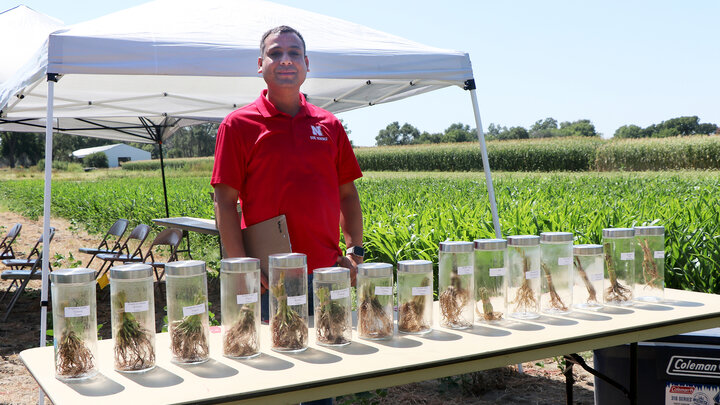 man with root samples in jars on a table outside